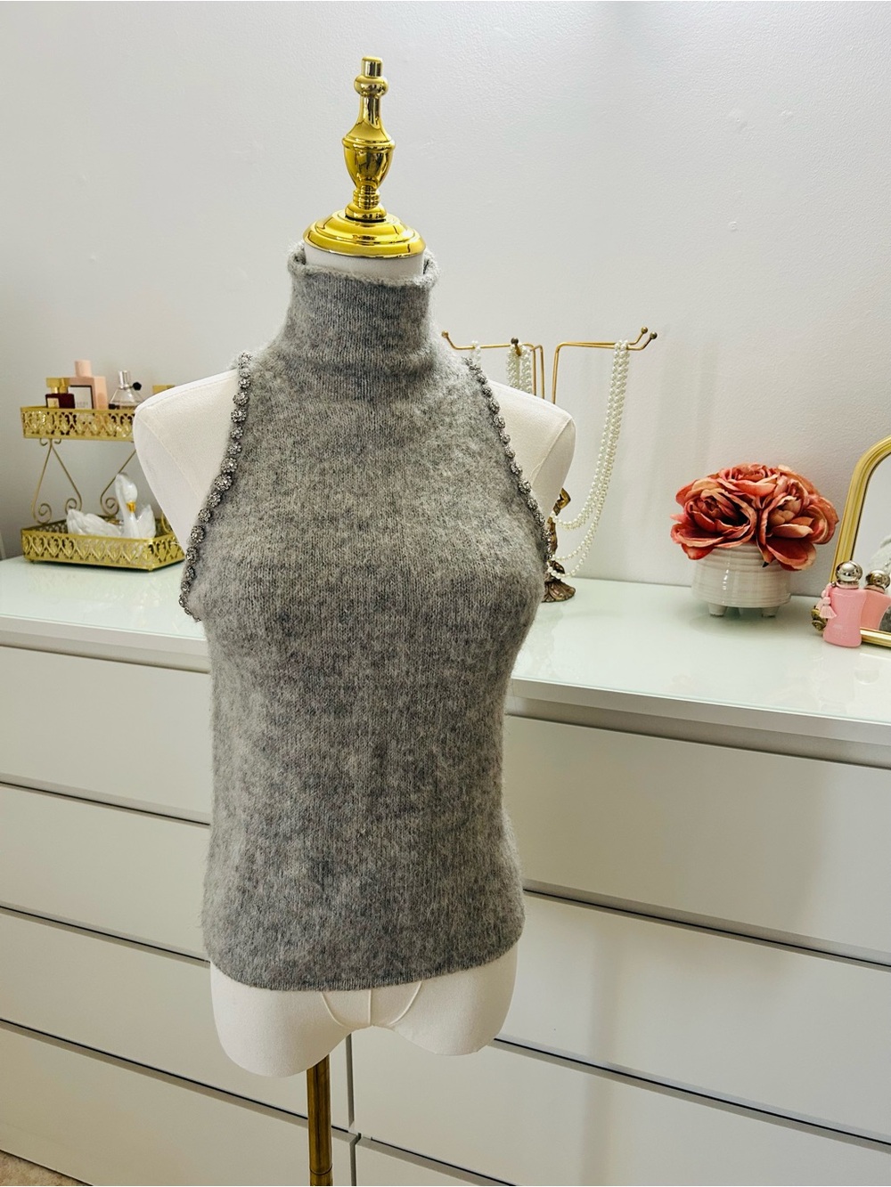 Zara Heather Gray Sleeveless Turtleneck Knit Top